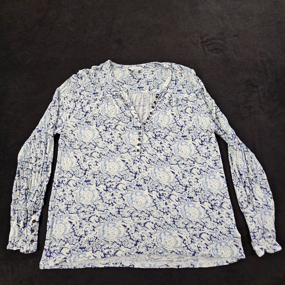 Lucky Brand Blue Paisley Long Sleeve 1/2 Button-Up V-Neck Rayon Blouse Women's S